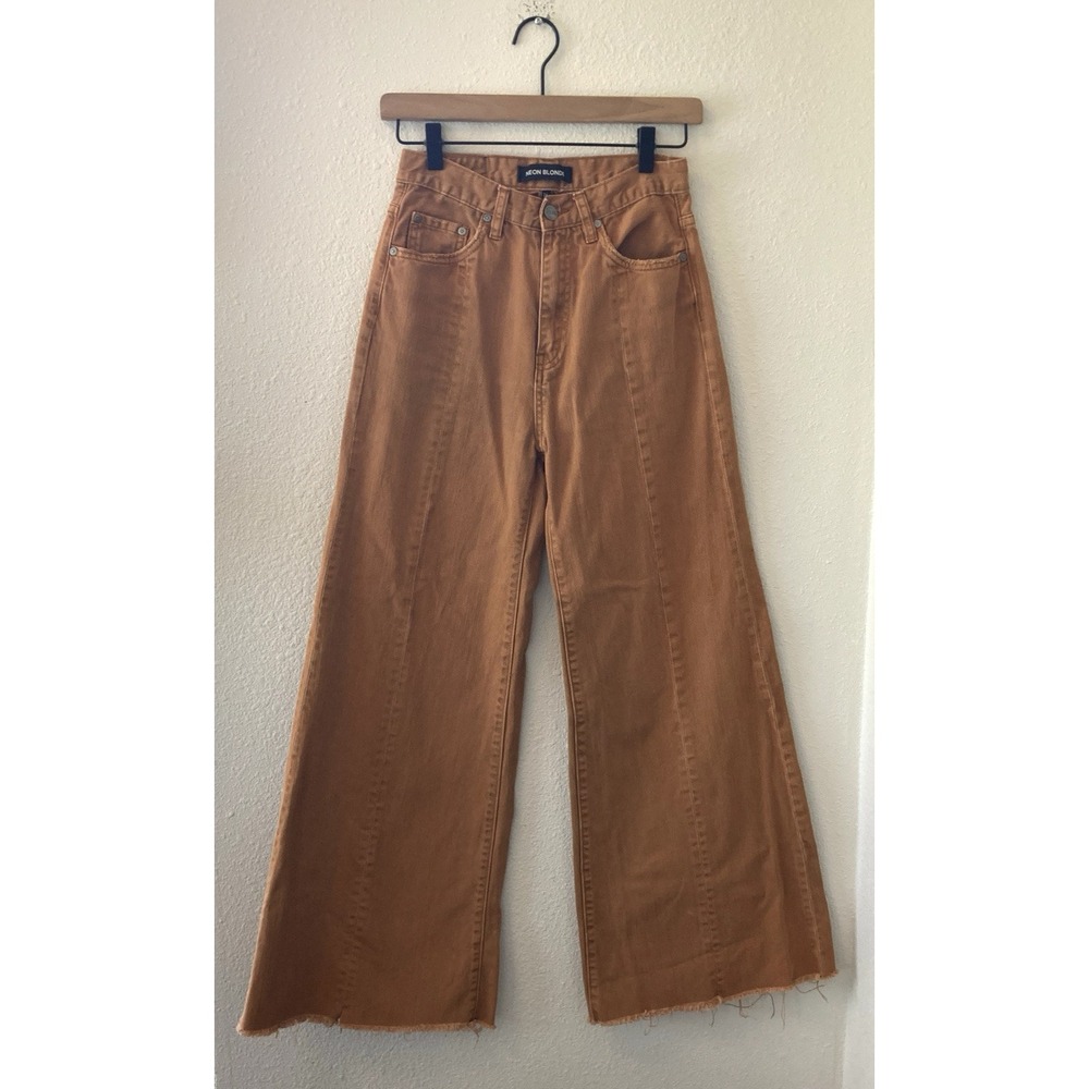 Neon Blonde Wide Leg Jeans Sz 24 Siren Flare Dark Tan Boho 70s Retro Frayed Hem